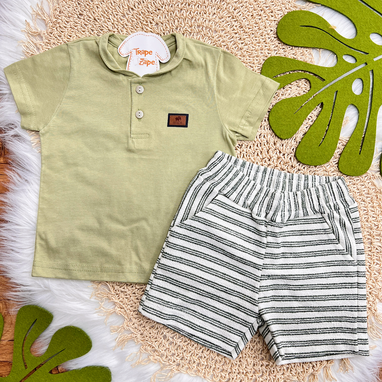  Conj. Camiseta Gola Henley e Bermuda em Linho - Verde